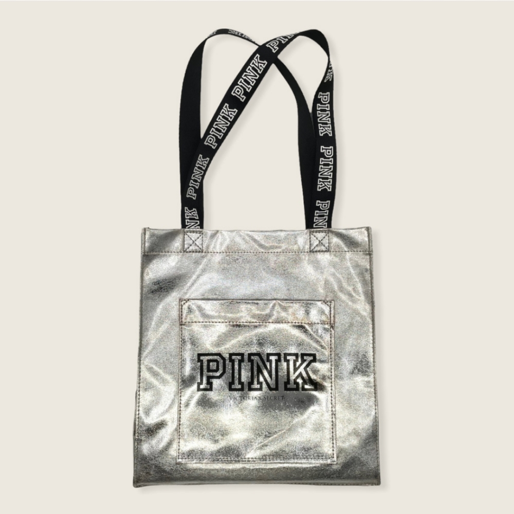 NWT PINK Victoria Secret Silver Metallic Tote Bag Signature Logo
